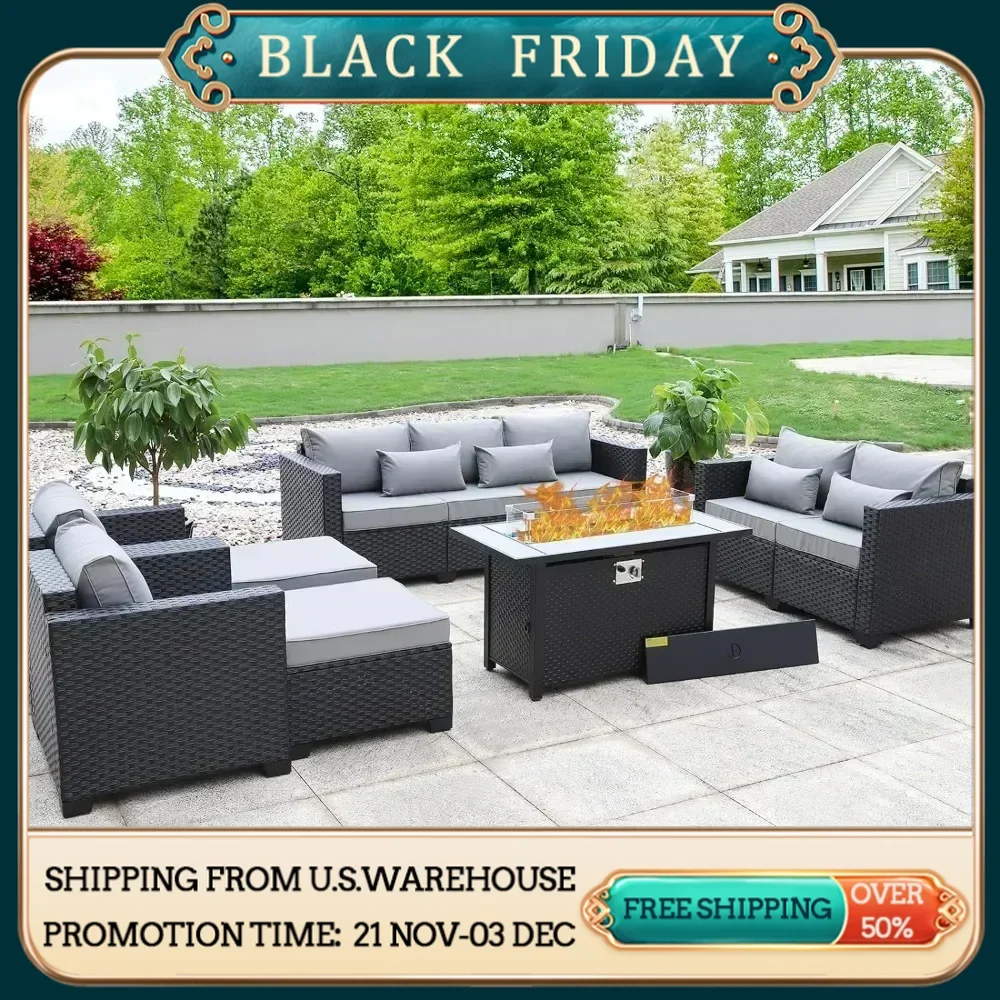 7 Piece Outdoor Furniture Set, Non-Slip Cushions & Waterproof Cover, 45 Inch Outdoor Propane Fire Pit Table Patio Furniture