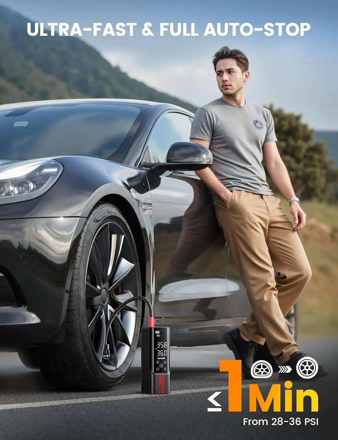 ضاغط هواء محمول لاسلكي 150 رطل لكل بوصة مربعة، مقياس رقمي وإضاءة LED، منفاخ سريع للسيارة والدراجات النارية والدراجة والكرة #2