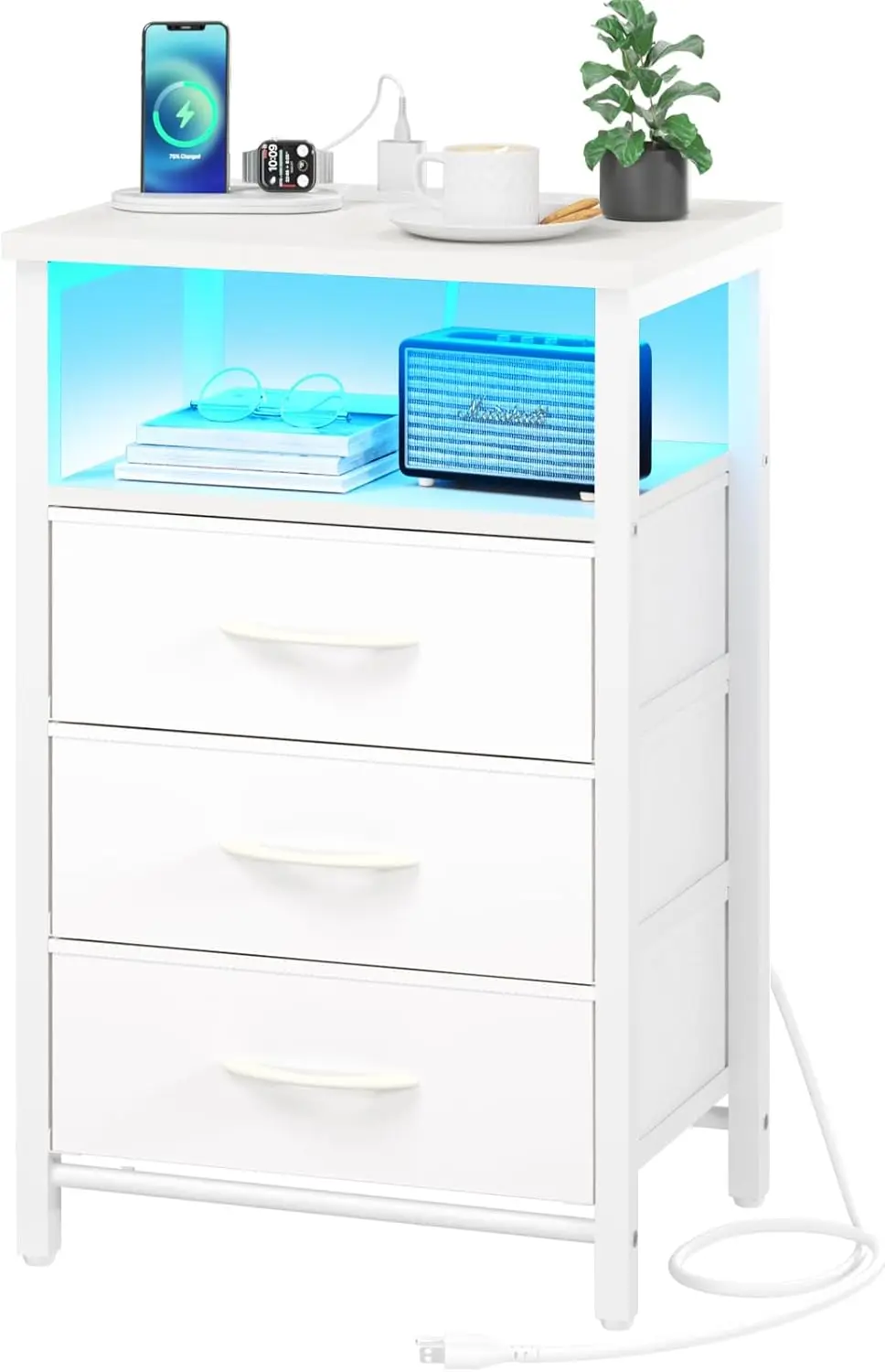 

LED Nightstand with Charging Station, USB Ports & Outlets, 3 Drawer Storage, Compact Bedside Table for Small Spaces, White