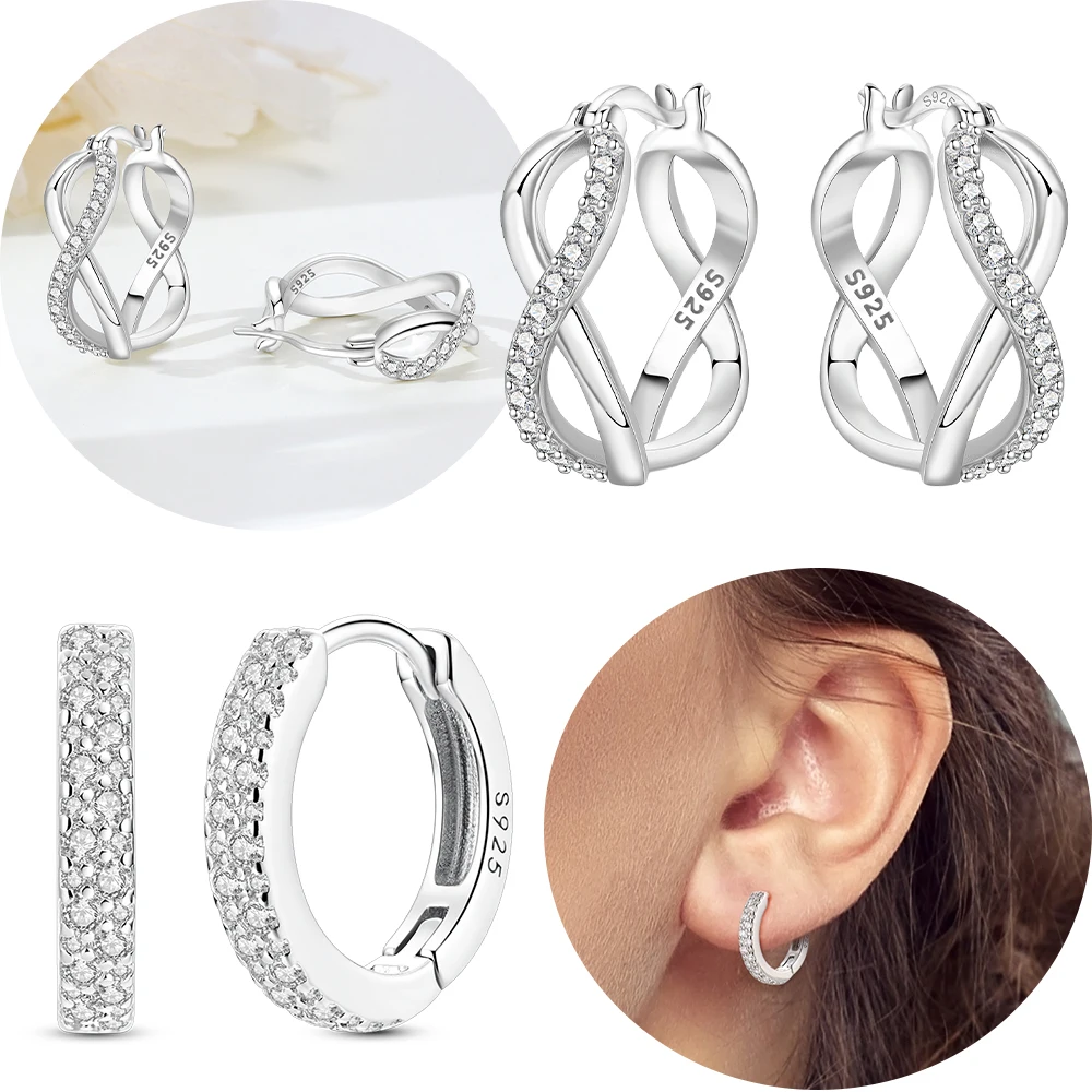هندسية خط أقراط مرصعة بحجر الزركون إنفينيتي رمز القلب تصميم المرأة شحمة الأذن 925 قرط فضي النساء هدية عيد الحب مجوهرات #1