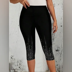 Glitter print elastic elastic waist skinny casual leggings slim capri pants for women