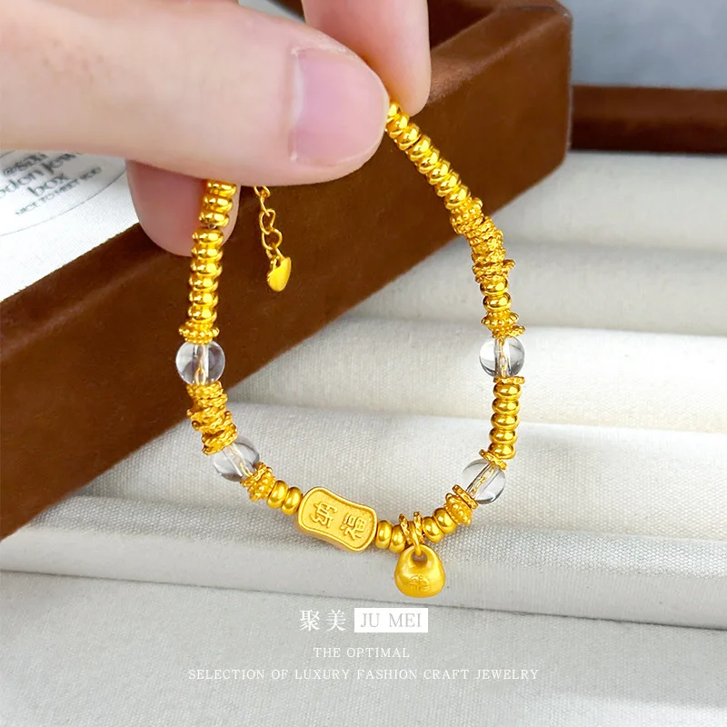 Gold Shop Same Style 9999 24K Real Gold Women's Gold Bracelet Little Fat Fortune Crystal Girlfriend Gift Beautiful Jewelry