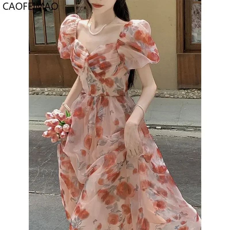

French Floral Dress Women Summer New Elegant Temperament 2025 Sweet Princess Dress Vintage Sweet Mid-length Pink Floral Dress