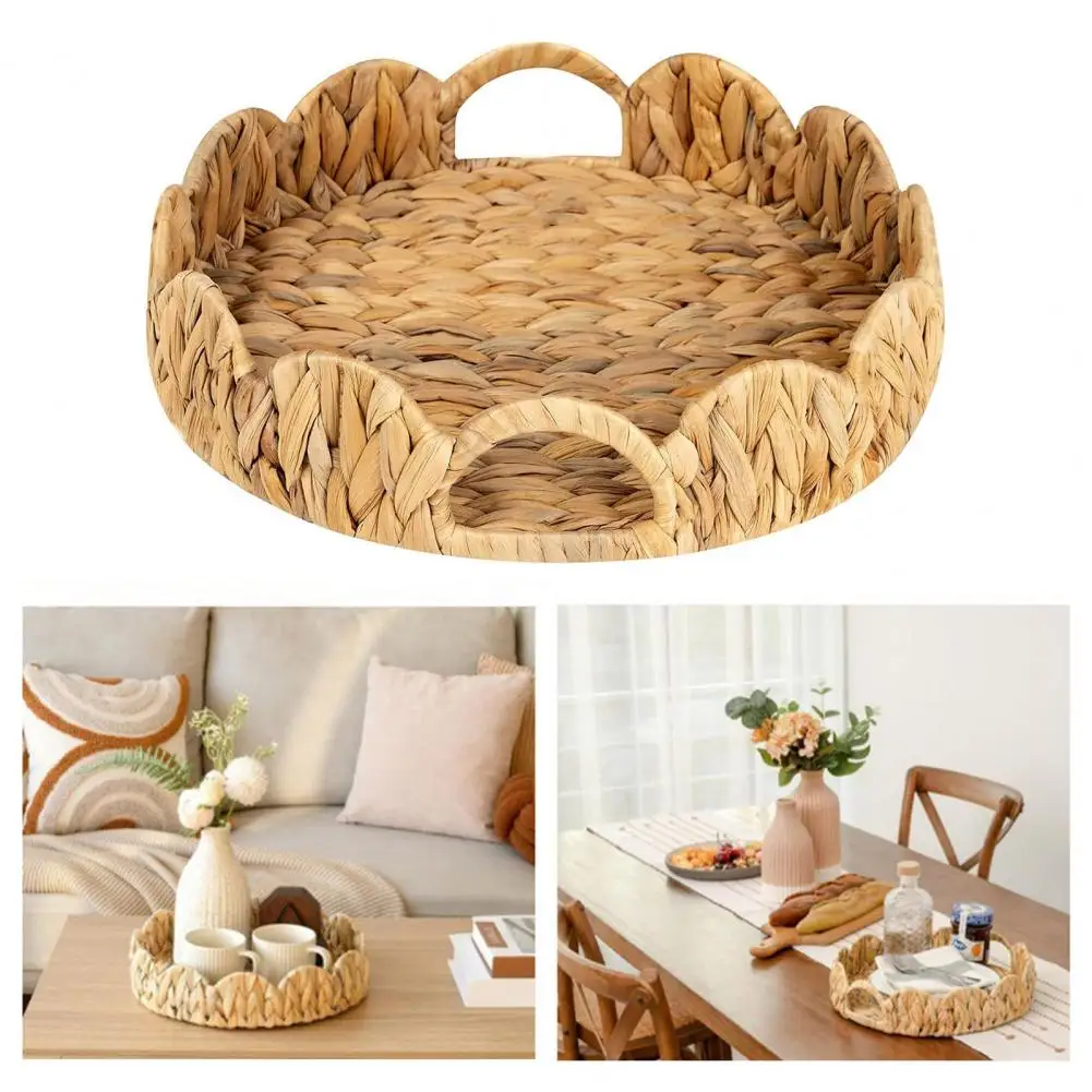 Scalloped Edge Storage Container Round Wicker Tray with Handles for Home Decor Organization Lightweight Rattan Basket for Room