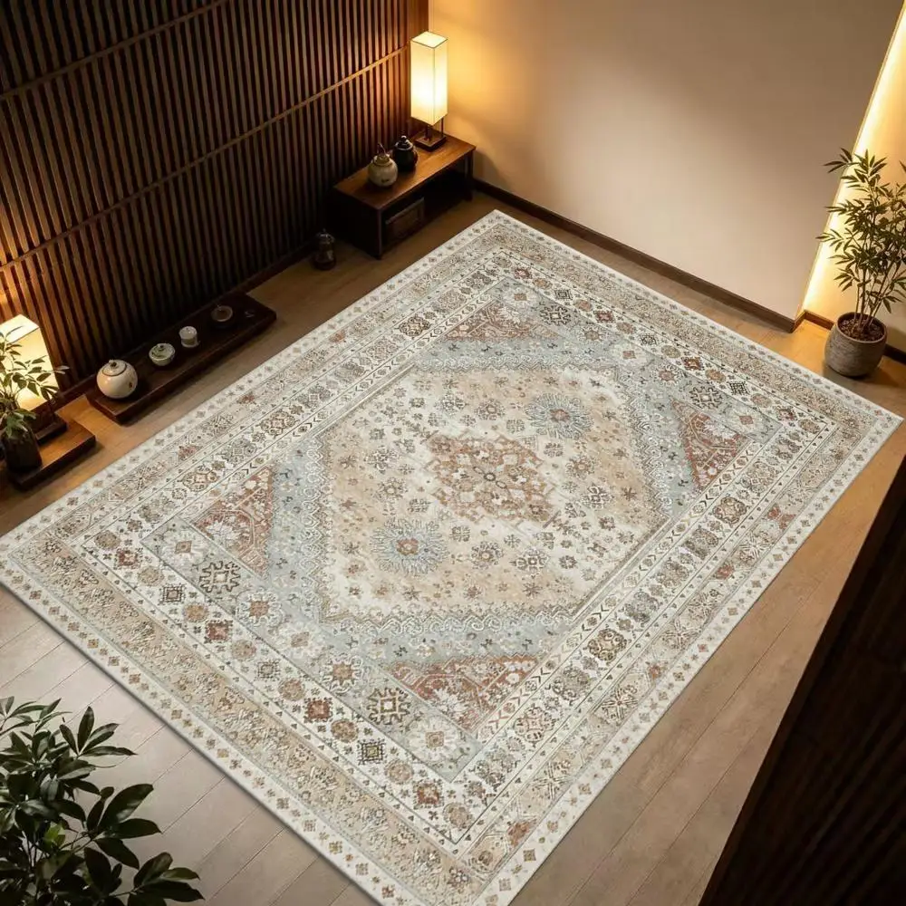Vintage Unisex Oriental Style Square Carpet, Faded Pattern, Distressed Non-Slip Floor Rug, Suitable for Living Room Bohemian Home Decor