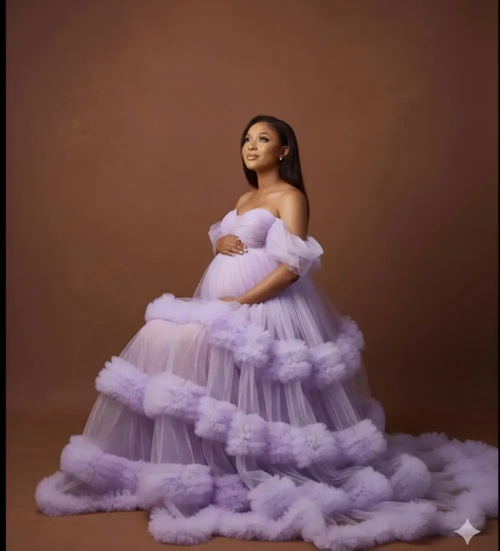 Gentle Summer Pregnant Women's Party Dress Off Shoulder Ball Gown Maternity Robes with Ruffles Tiered Tulle Pregnancy Gown 2026