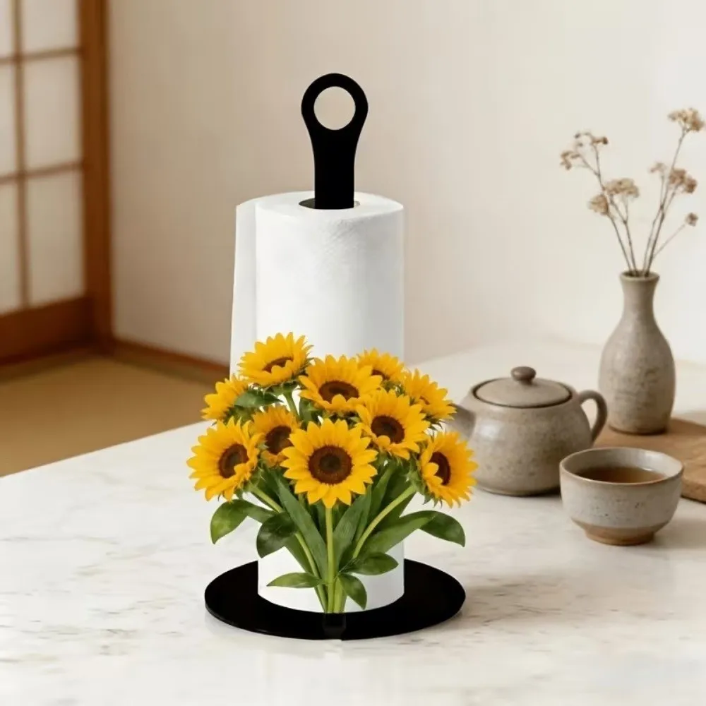 2D Flat Acrylic Roll Paper Towel Holder Sunflower Floral Freestanding Paper Towel Stand Wooden Base Decorative