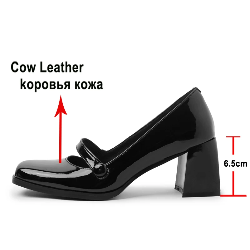 Meotina Women Genuine Leather Mary Janes Square Toe Thick High Heel Shallow Pumps Fashion Ladies Spring Autumn Shoes White