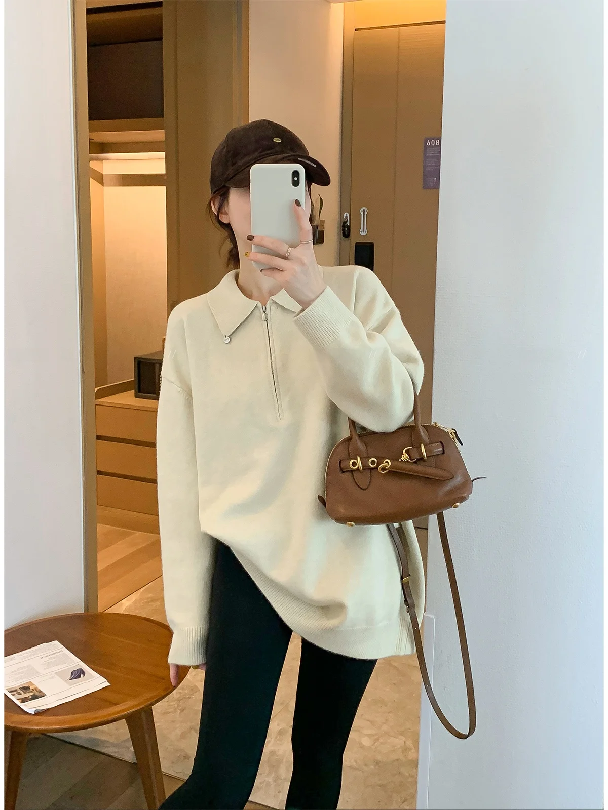 

Женский свободный вязаный свитер Love Devil Fi с воротником на молнии, осень-зима, новый повседневный топ абрикосового цвета