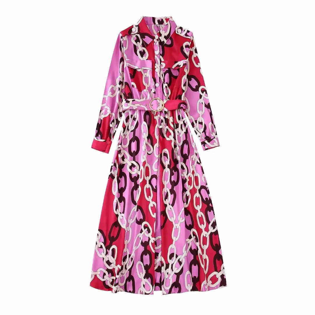 

Women Fashion With Belt Chain Print Midi Shirt Dress Vintage Long Sleeve Front Button Female Dresses Vestidos Mujer