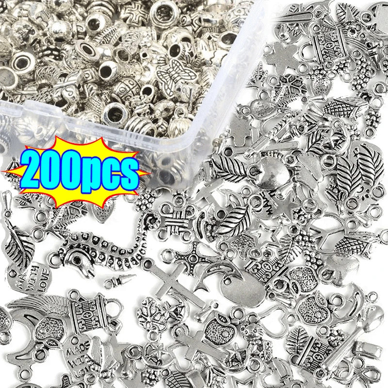 100/200pc Tibetan Silver Mixed Heart Butterfly Key Crown Charms Pendants DIY Jewelry for Necklace Bracelet Making Accessaries