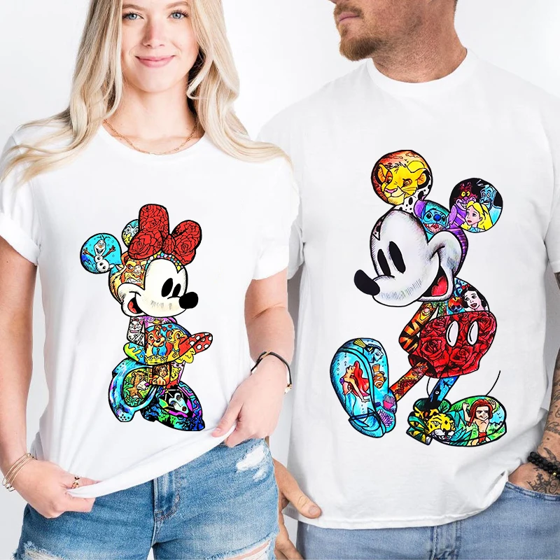 Disney Couples Mickey Mouse Minnie Print T-shirt Couples Men's and Women's Cotton Short Sleeve Casual Tops