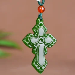 Chinese Natural Green Jade Cross Pendant Necklace Hand-carved Charm Jadeite Jewelry Fashion Luck Amulet Gifts for Men Women