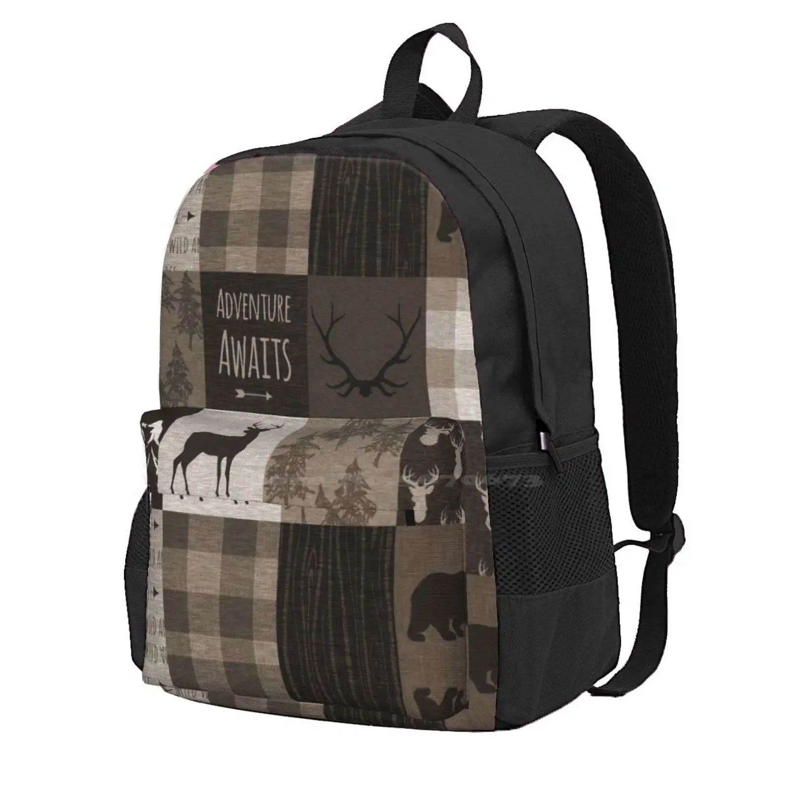 Adventure Patchwork - Brown/Beige Hot Sale Schoolbag Backpack Fashion Bags Adventure Awaits Woodland Patchwork Moose Elk Deer