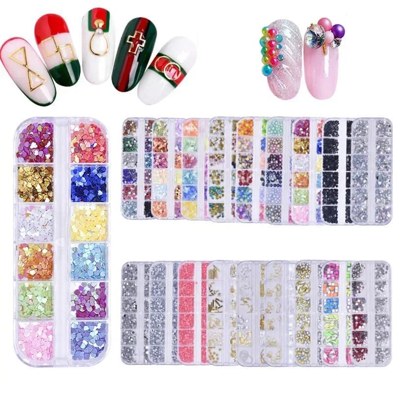 12Case/Box Multi-Size Nails Rhinestones Decoration Nails Colorful Glitter Flakes Sequin DIY Handmde Nails Design