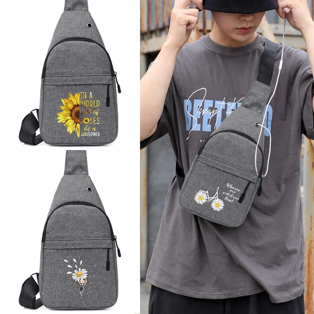 Men Chest pack Portable Shoulder Multifunctional Satchels with USB Charging Outdoor Sports Chest bag Daisy Print Coin Purse 2023