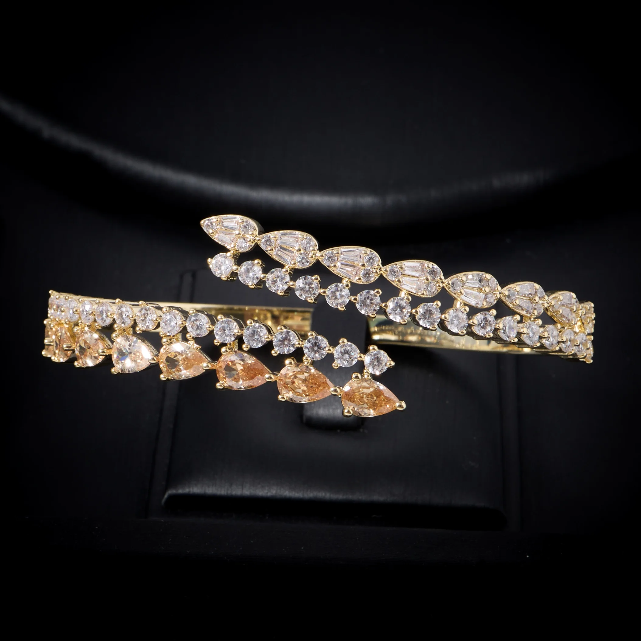 00086B Women Sparkling Cubic Zirconia Leaf Bangle Silver Open Cuff Bracelet Wedding Bridal Crystal Jewelry