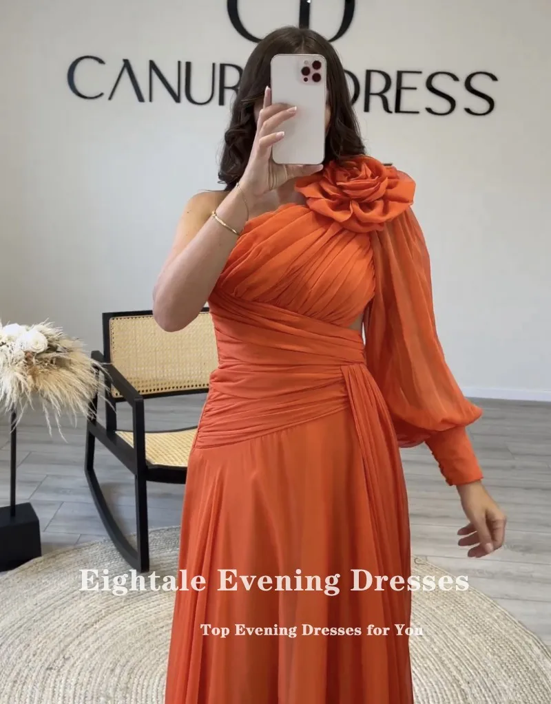 Eightale Orange Evening Dress One Shoulder Long Sleeve Chiffon Pleats Flower Arabic Formal Prom Party Gowns Robes De Soirée