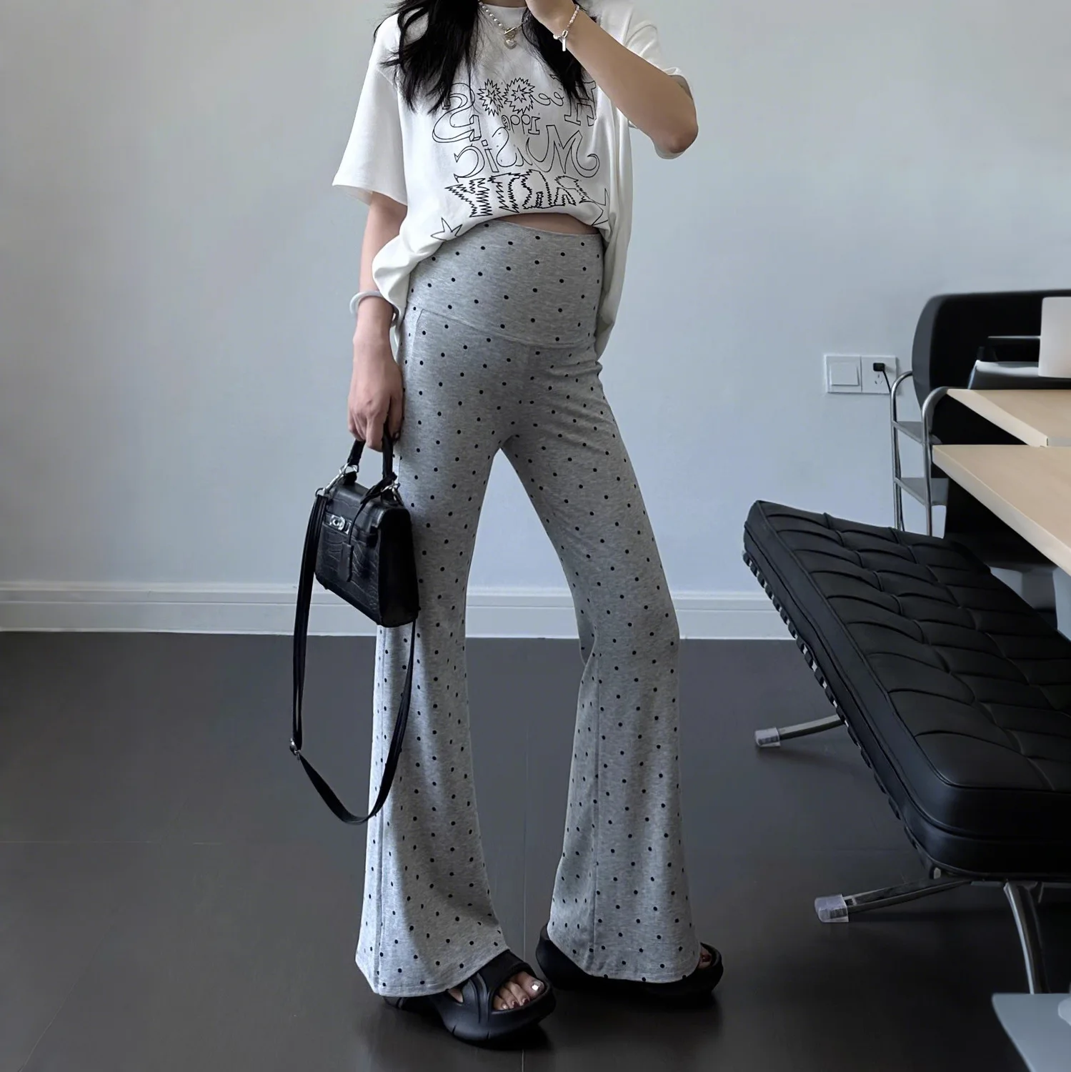 Maternity Pants Polka Dot High Waist Slim Fit Micro Flare Pregnant Women Spring Summer Daily Wear Home Travel