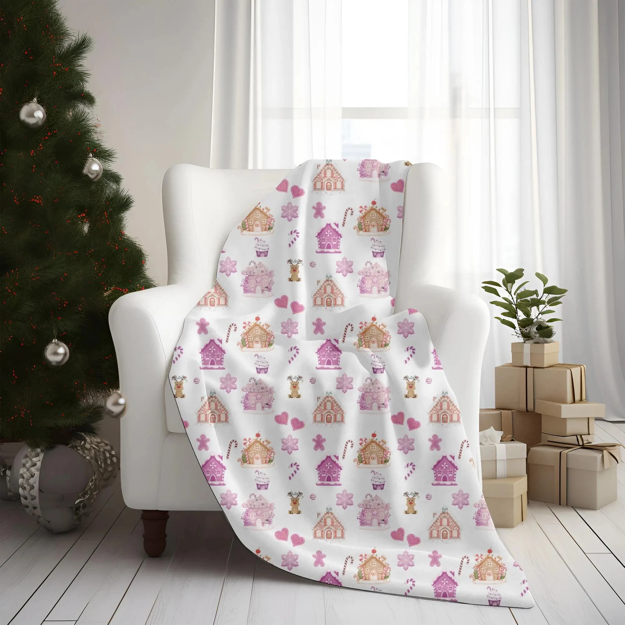 

Pink gingerbread-themed flannel blanket cozy and cute gingerbread holiday dorm room decorative blanket Christmas decoration