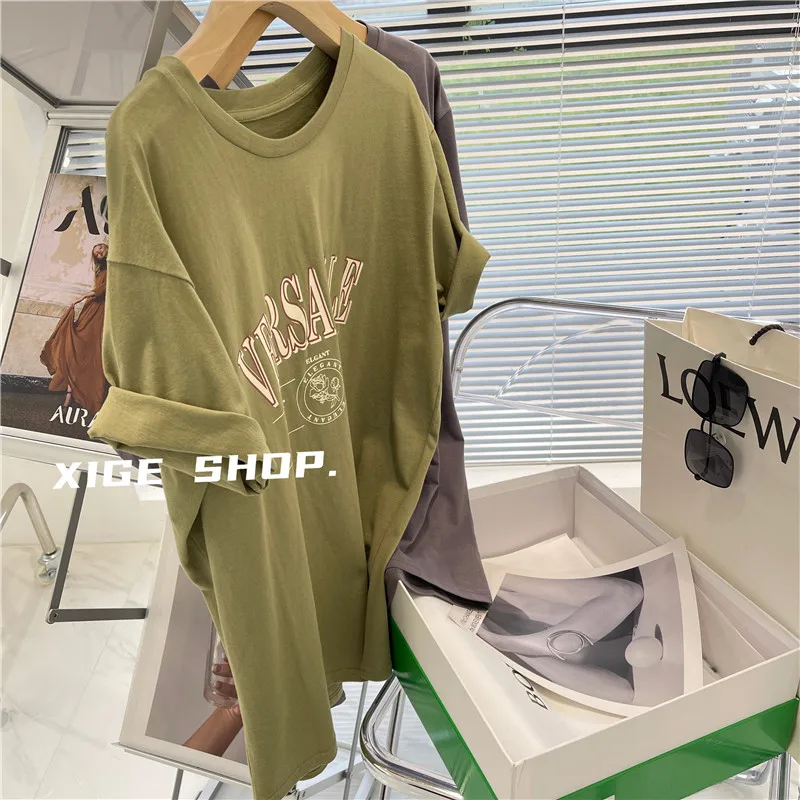 

Women's Short Sleeve T-Shirt Letter Print round Neck Brand Tag Removed Yellow Green Cotton Commute Style Korean Version Loose...