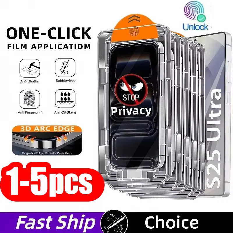 1-5PCS Unlock Privacy Easy Install Screen Protector For Samsung Galaxy S25 Ultra S25 Plus S25 Edge Anti Spy Tempered Glass Film