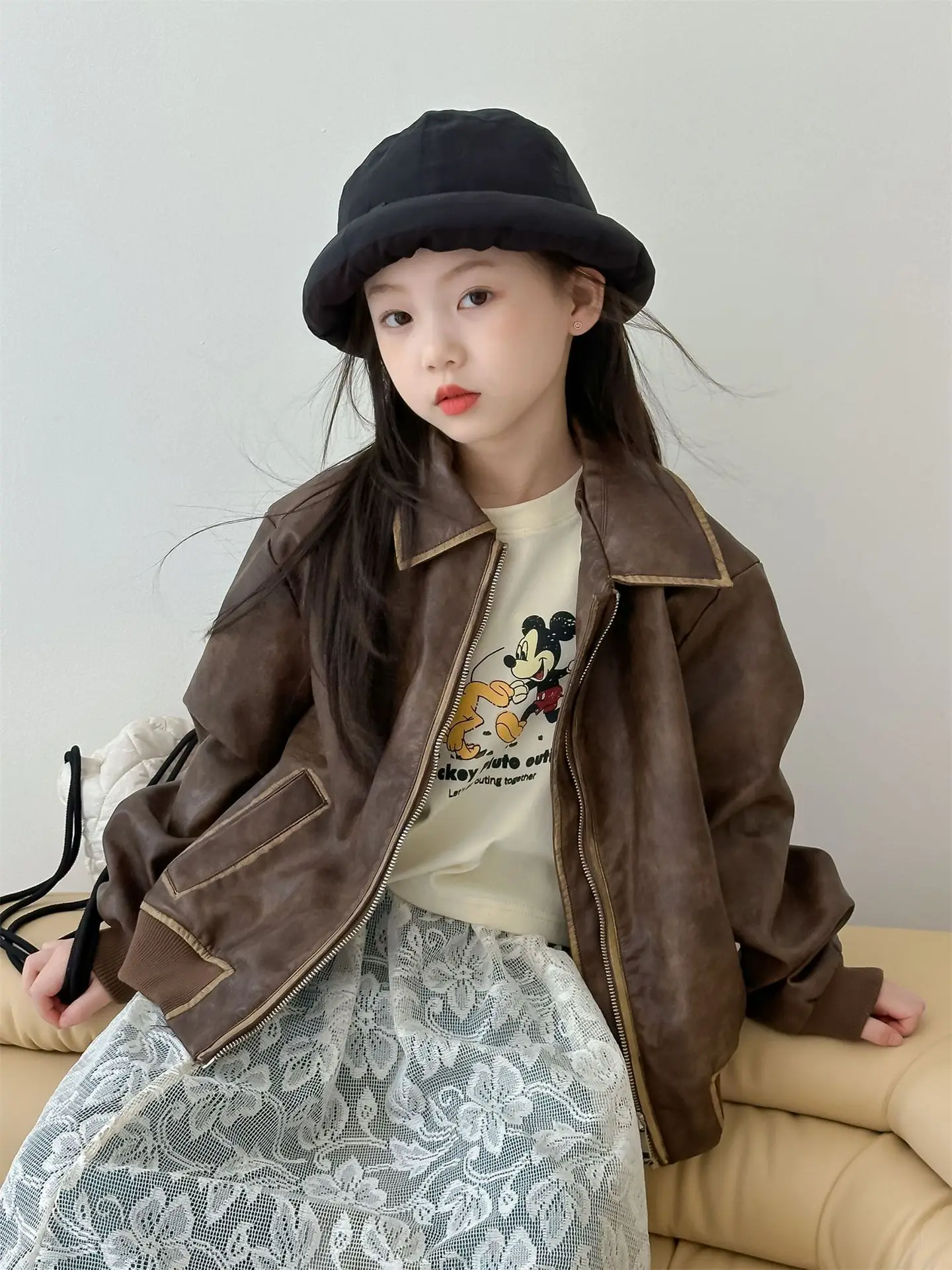 Jacket Childrens Clothing Girl Loose Coat Autumn New Easy Sweet Retro Style Baby Leather Clothing 2024 Open Stitch Simple