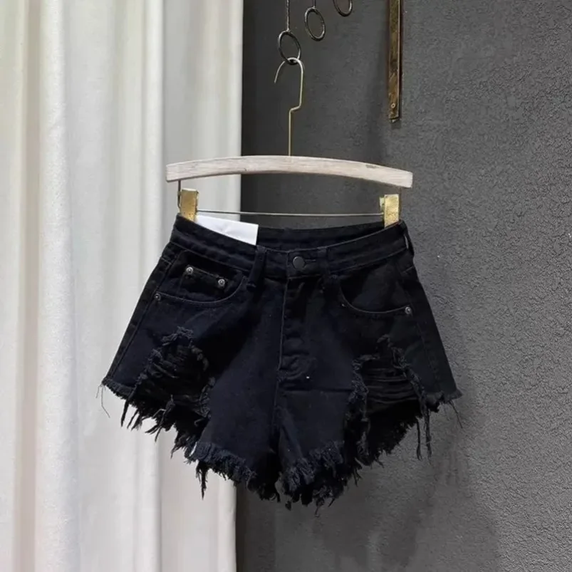 

Streetwear Burrs Tassel Hem Loose Wide Leg Denim Shorts New Women's Hole High Waist Distressed 2024 Summer Jeans Shorts Female