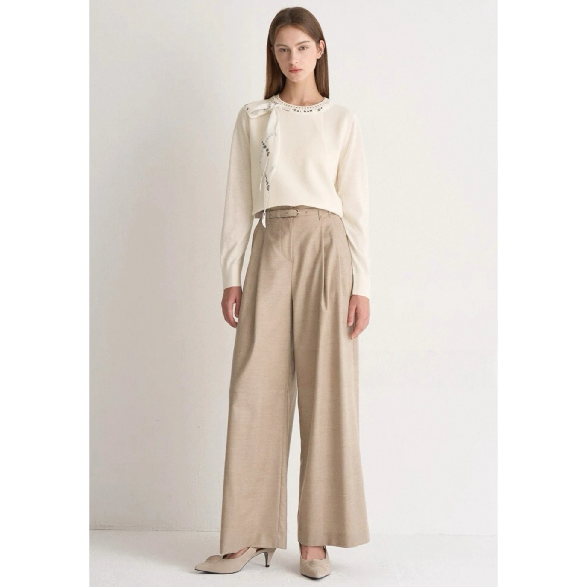 

Ele Faion round Ne Wool Knitted Sweater Versatile Slimming Design Commute Sle Women's Long Sve Color Top