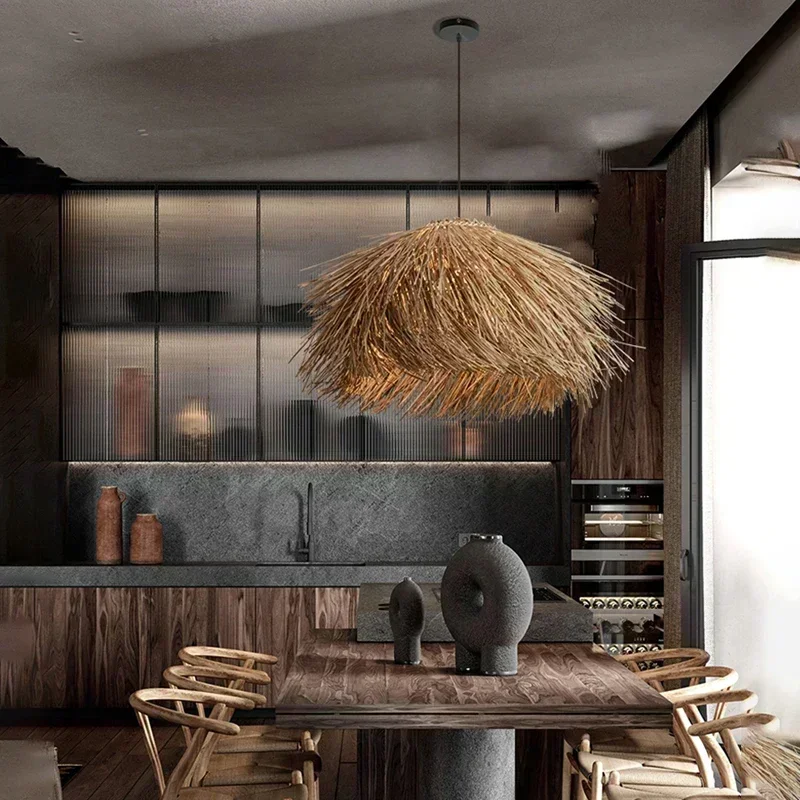 

2024 Hand Woven Rattan Led Chandelie Wabi Sabi Hanging Lamp for Restaurant Bar Hanging Lamp Home Decor Retro Pendant Lights