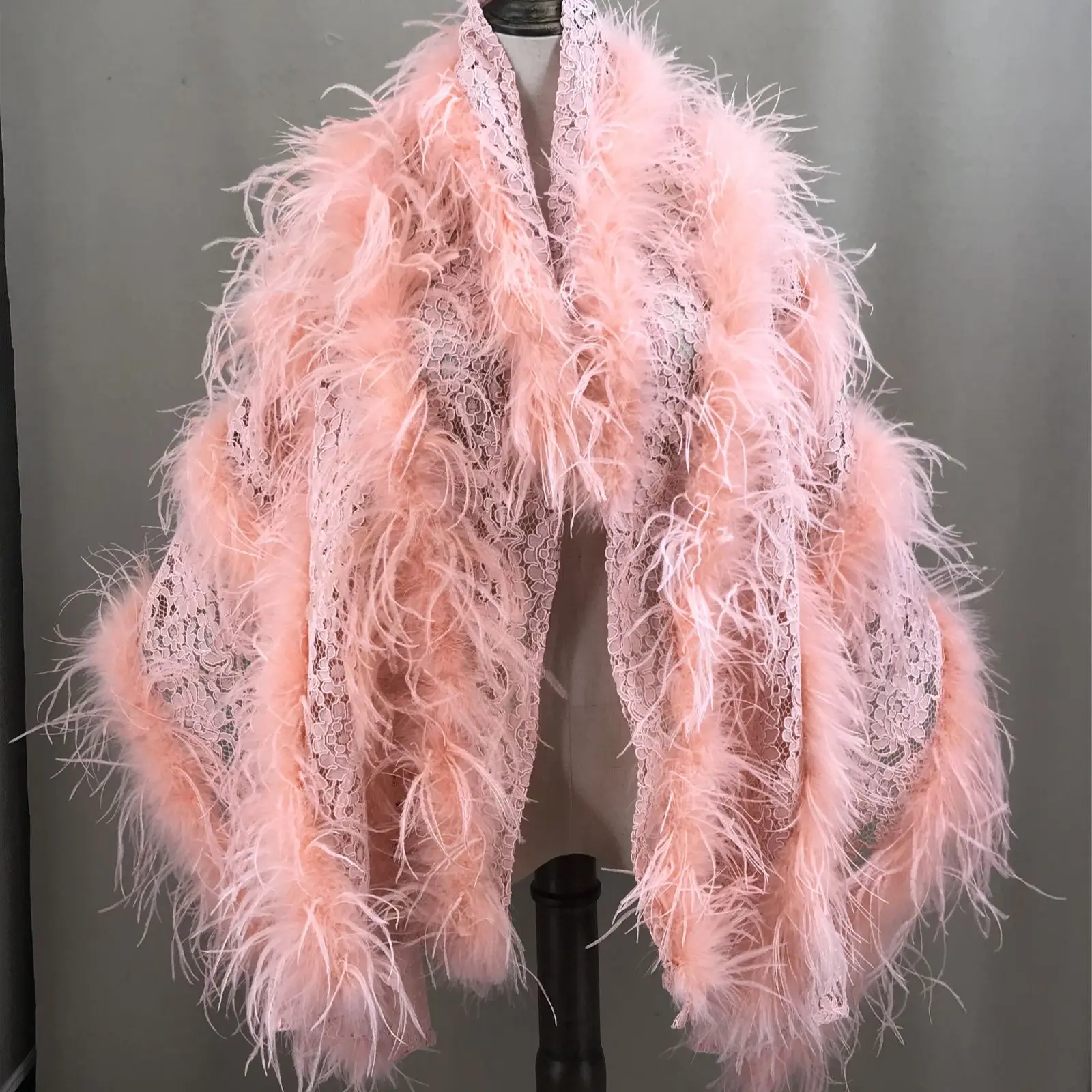 Real Ostrich Feather Lace Shawl, Cape Stole for Dinner Wedding Concert, Luxurious Sexy Furry Scarves, Popular Color Peach Fuzz