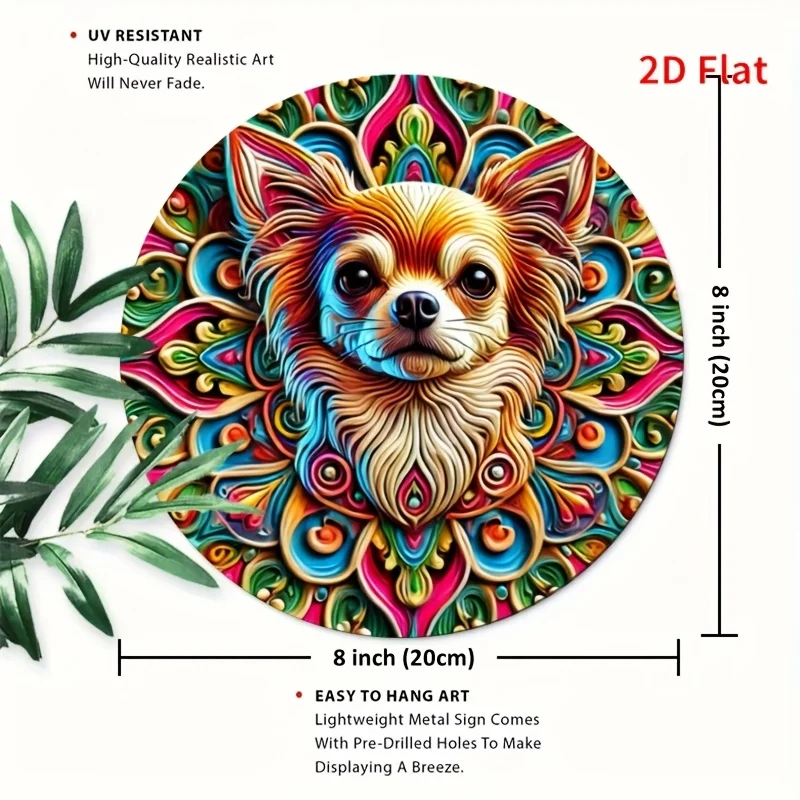 [2D Flat] 1pc Chihuahua Mandala Psychedelic Art Style Round Metal Tin Sign - UV & Waterproof, Vibrant Home & Wall Decor with Pre