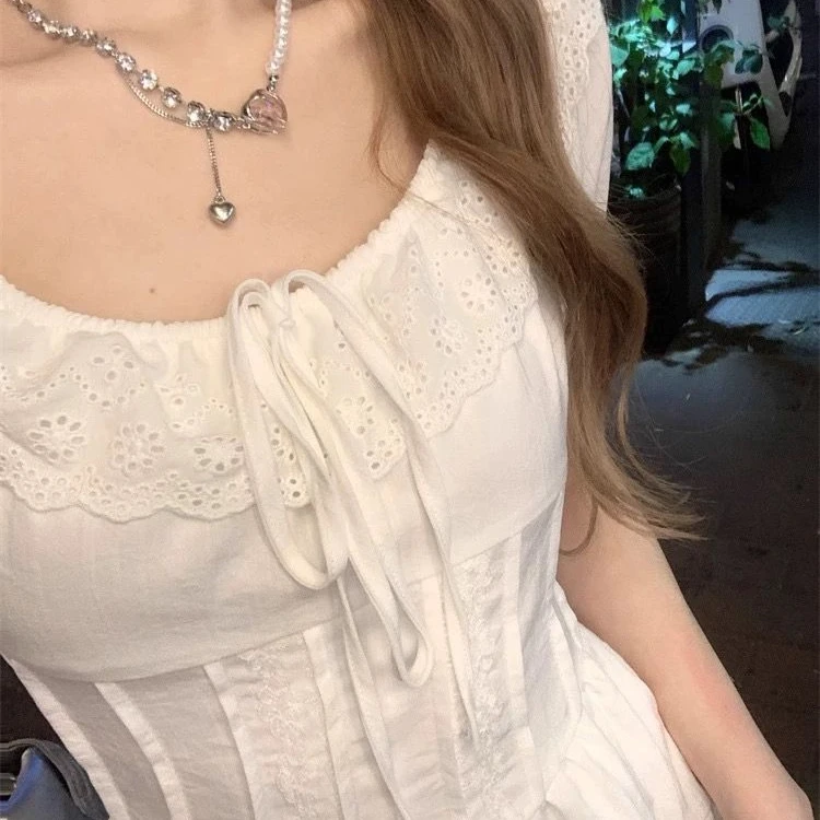 여름 신상 화이트 퍼피 돌 칼라 드레스 여성용 오트 스웨이드 허리 조임 소형 사이즈 요정 스커트 엘레 슬레 티잉