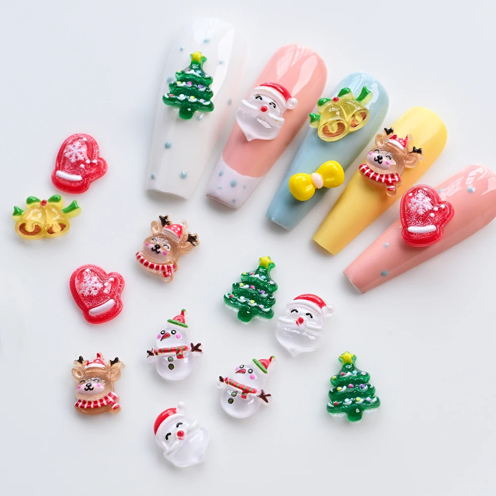 60 Stuks Gemengde Kerst Hars Nail Charm Kawaii Kerstbomen Sneeuwpop Elanden Kerstman Steentjes DIY 3D Ambachten Nail Art decoratie