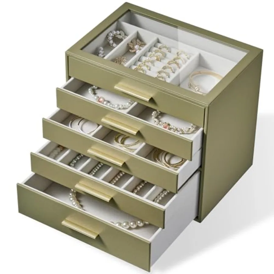 

Женский футляр-органайзер для шкатулки для драгоценностей: 5-слойный футляр для хранения ювелирных изделий со стеклянным окном, оливково-зеленая кожа с кремовой бархатной фиксацией