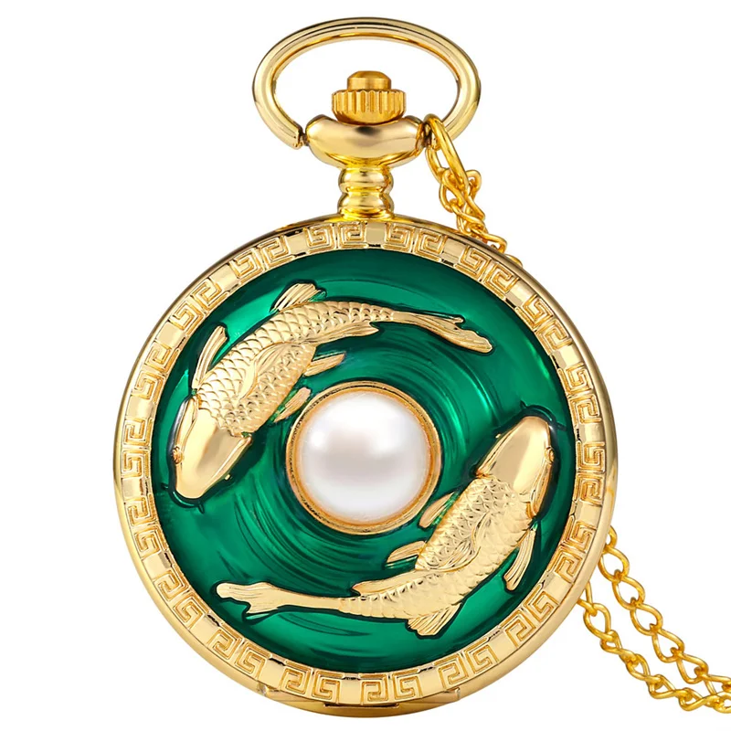 Retro Golden Double Fish Pocket Watch Carp Pattern with Pearl Analog Quartz Watches Necklace Chain for Men Women Collector Gift