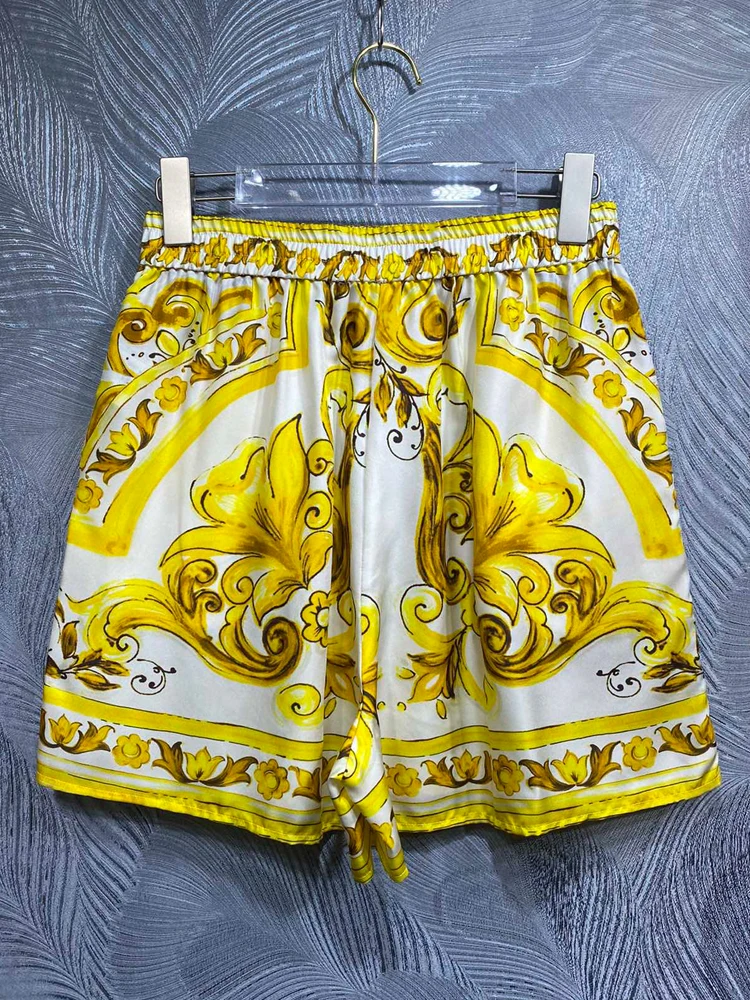 SEQINYY Elegant Shorts Summer Spring New Fashion Design Women Runway 100% Silk Elastic Waist Vintage Yellow Flower Print