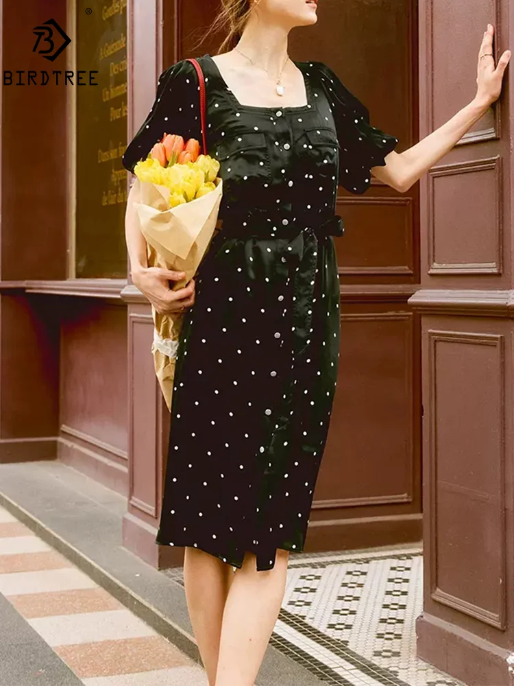 

Платье-рубашка женское из натурального шелка, с квадратным вырезом и коротким рукавом, в горошек