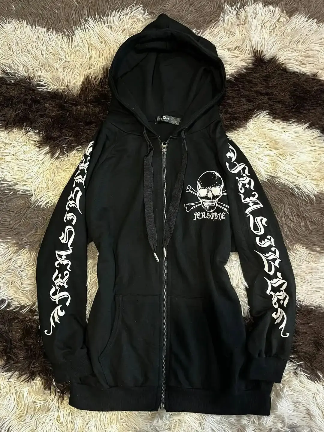 

Subculture Black Skull Long Sleeve Zip Up Hoodie Autumn Vintage Spicy Girl Slim Fit Streetwear Cotton Cardigan Jacket Y2k Top