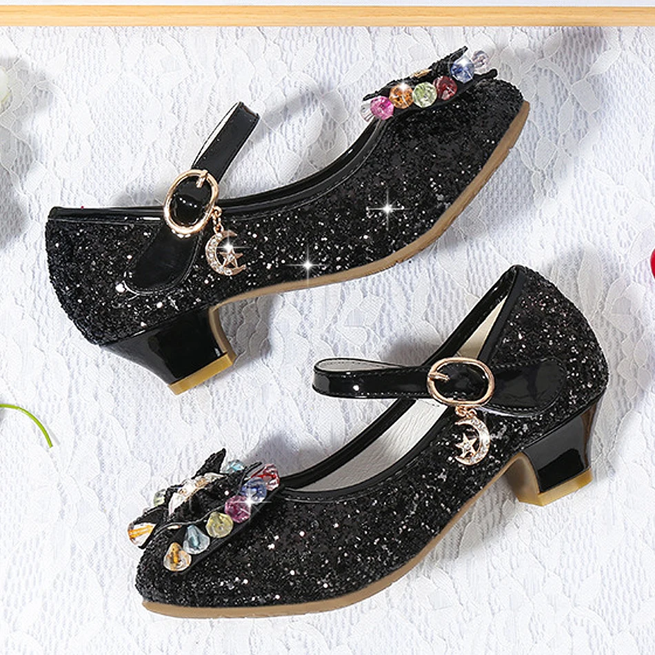 Children Glitter Crystal Sandals Girls High Heels Fashion Princess Leather Shoes Kids Dance Party Performance Birthday Shoes
