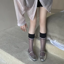 Women Ladies Summer Thin Breathable Glass Silk Thin Transparent Striped Socks Middle Tube Design and Creative Color Blocking Sox