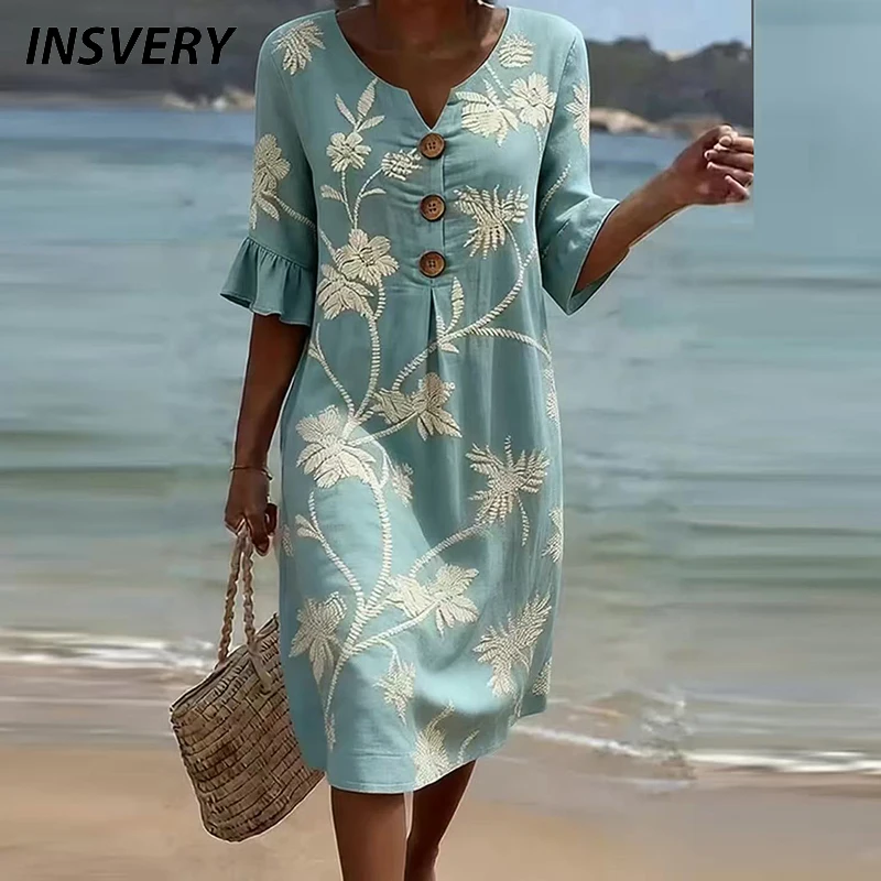 Sommerliches Vintage-Kleid mit Print für Damen, lässiges Midikleid mit V-Ausschnitt, halben Ärmeln und Knopfdesign, lockeres Strand- und Urlaubskleid im Boho-Stil