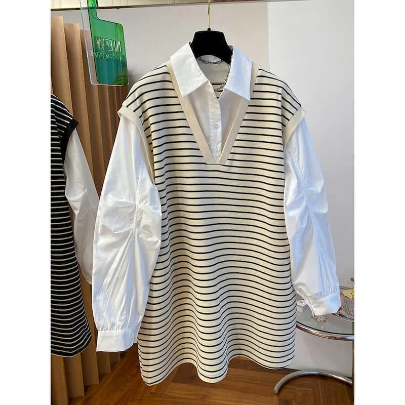 Shirts voor dames Polo-hals Koreaanse stijl Oversized vest Patchwork Nep twee stukken Hoodies Lange mouwen Casual gestreepte damestops