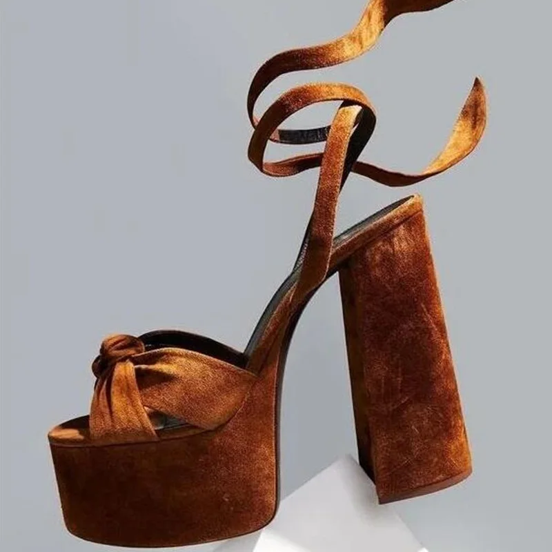 

Sexy Women Square Heels Sandals Open Toe Platform Thick Heels Woman Dress Shoes Lace Up Brown Suede High Platform Banquet Shoes