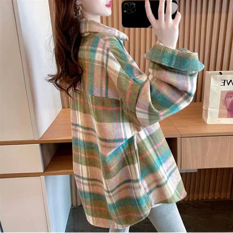 Women Korean Spring Thickening Frosted Plaid Cardigan Blouse Female Hong Kong Style Retro Loose Fit Leisure Long Sleeved Shirts