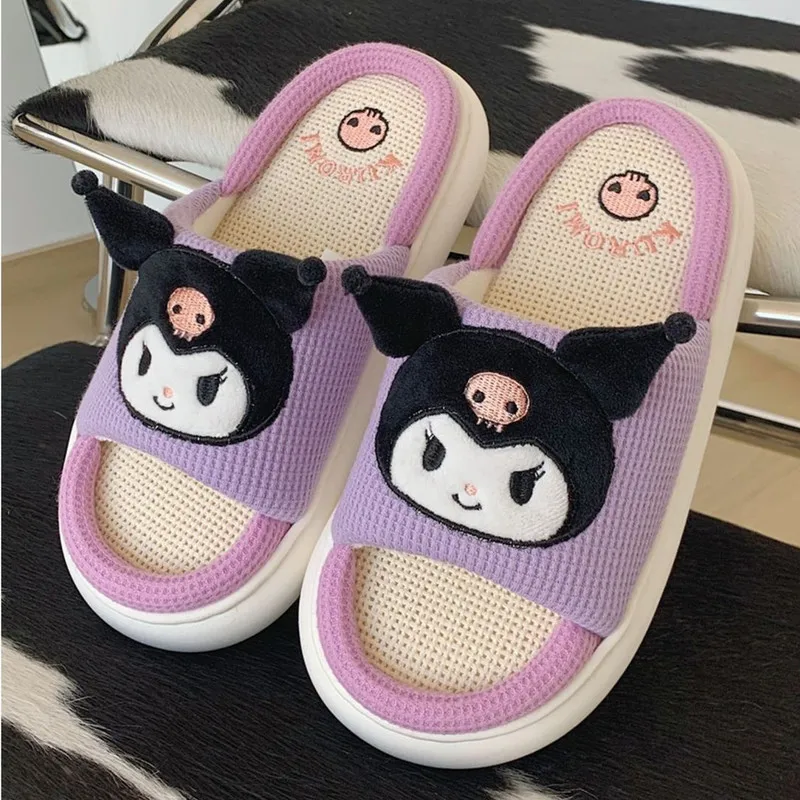 Sanrio Cute Antislip Flax Comfortable Cinnamoroll Hello Kitty Kuromi Outdoor Indoor Slides Cartoon Breathable Linen Slipper