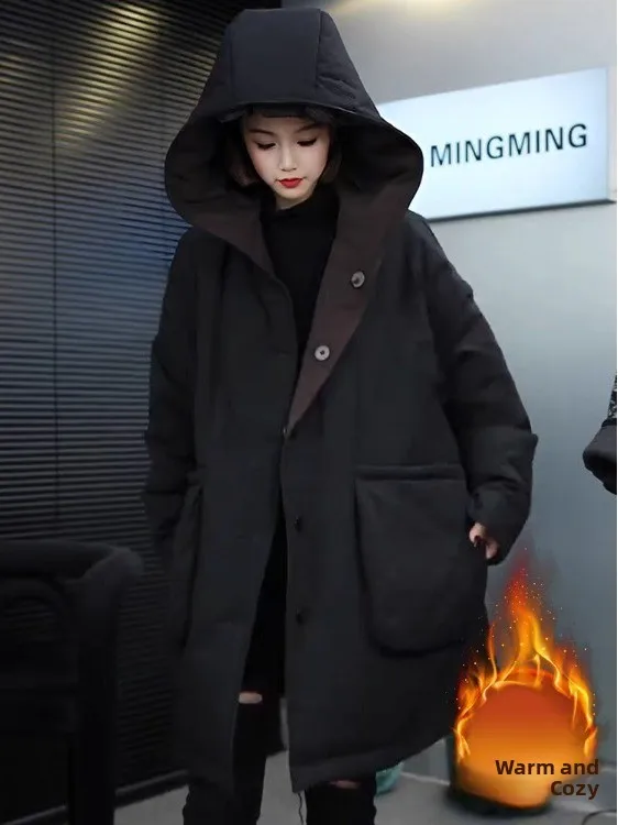 

Женское зимнее двустороннее пальто из теплого хлопка, свободное утягивающее антивозрастное повседневное пальто с капюшоном средней длины, модное для поездок на работу...