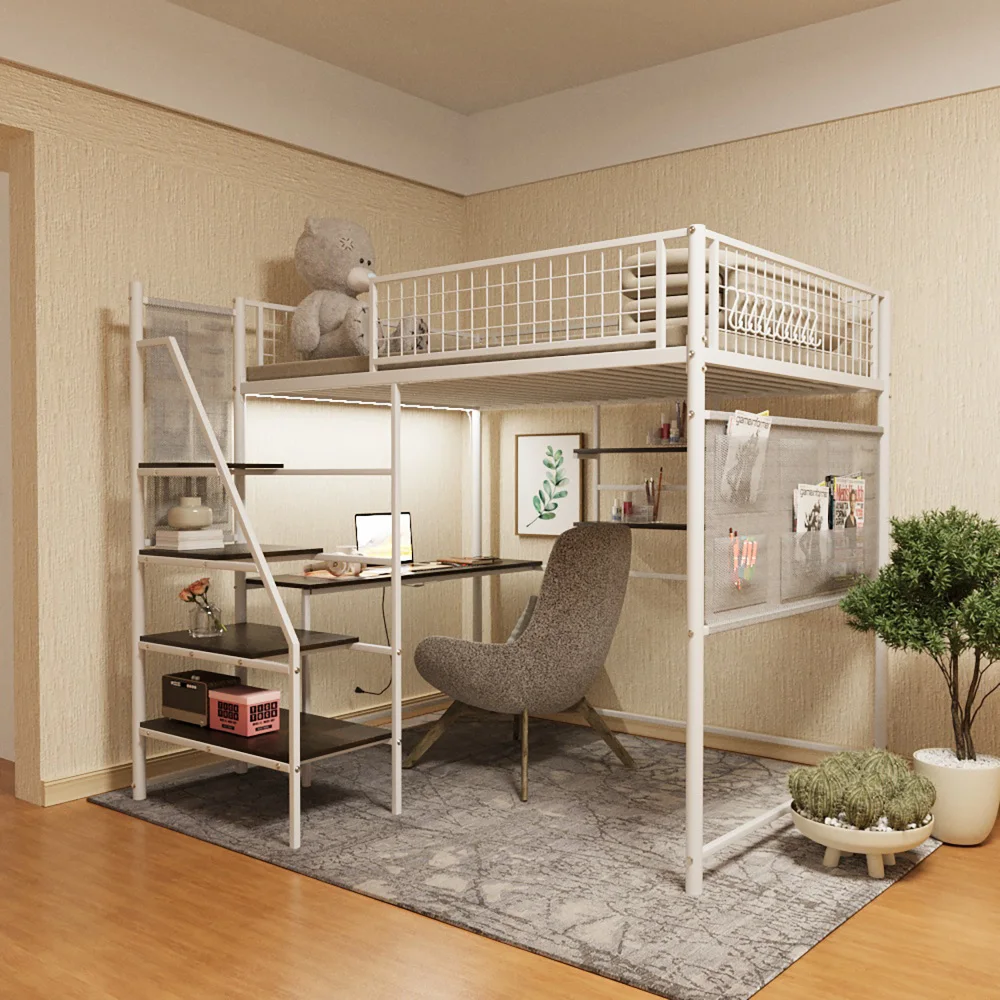 

Metal Loft Bed Full Size, Heavy Duty Metal Loft Bed Frame with Staircase, Built-in Charging Station and LED Lighting，White