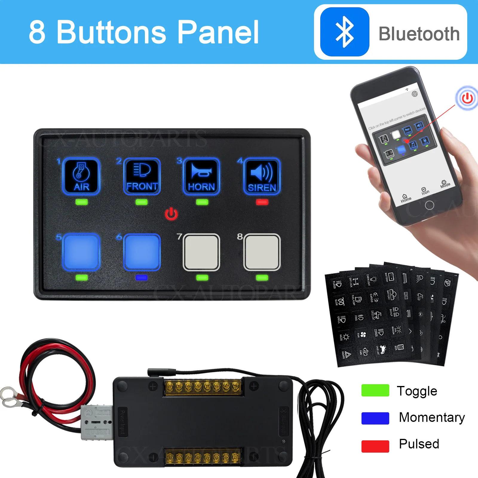 Panneau de commande tactile Bluetooth universel 8 boutons 12V 24V avec contrôle par application, interrupteur à bascule marche/arrêt momentané pulsé pour camion, Jeep, camping-car, bateau