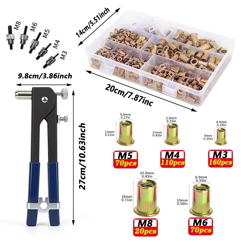 430PCS boxed manual rivet pliers, color zinc rivet nuts, metric color zinc blue white zinc rivet combination
